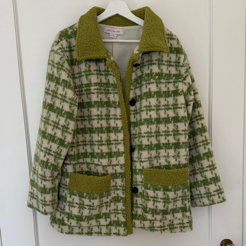 Lisa Says Gah Green and Cream Plaid Teddy Jacket
